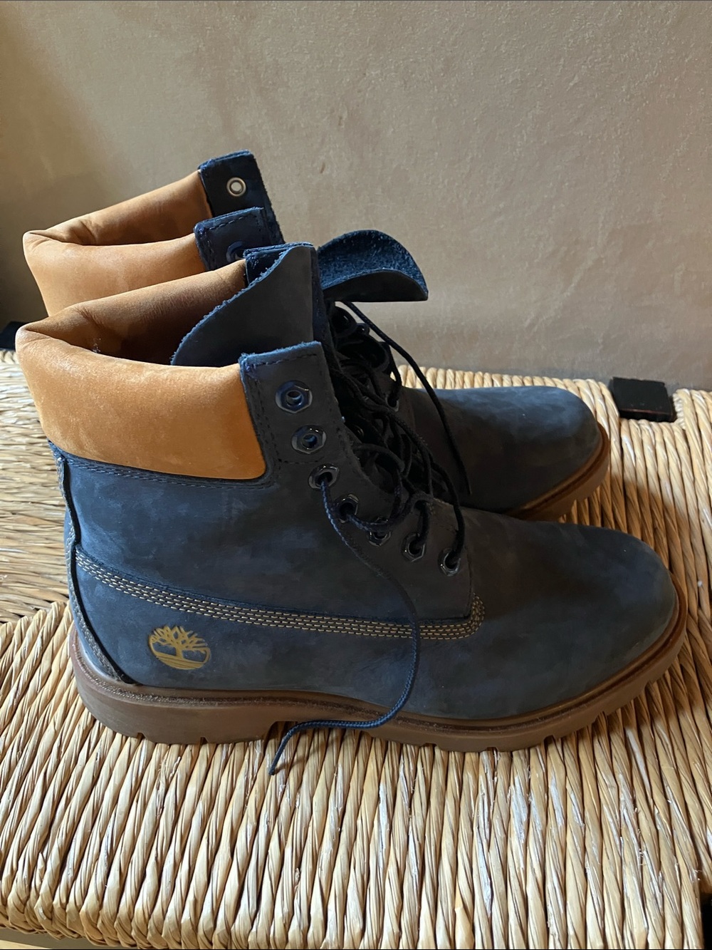 Timberland Men's Navy and Tan Lace-Up Waterproof Work Boots
